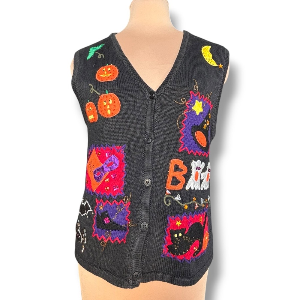 Vintage Bobbie Brooks Halloween Sweater Vest Applique Beaded Witch Cat Ghost L - Picture 9 of 9